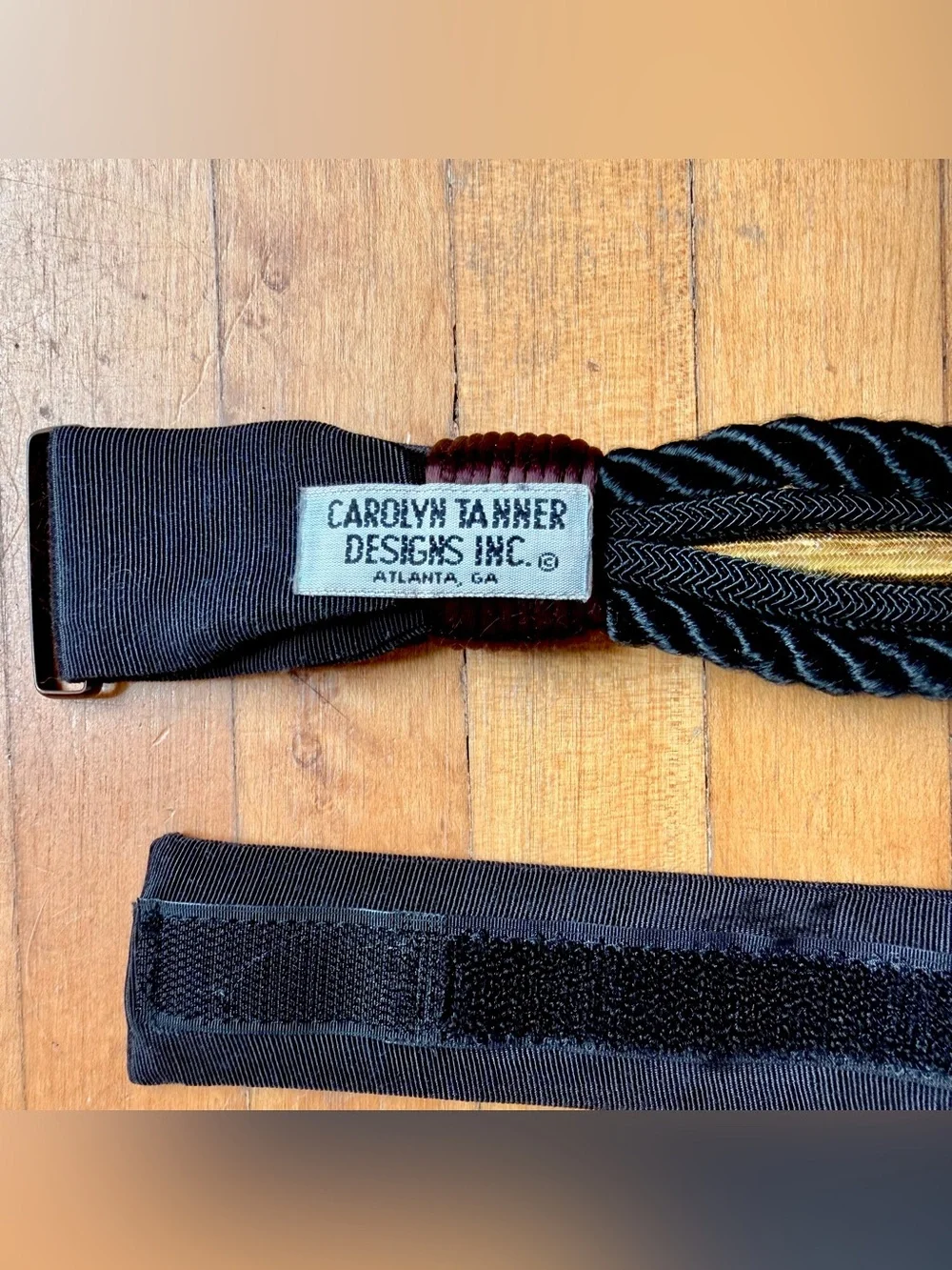 Carolyn Tanner Design 1980’s STATEMENT BELT Vintage Huge GOLD Buckle Black Rope